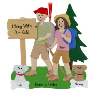Personalized Hiking Couple With 2 Dogs Outdoor Ornament