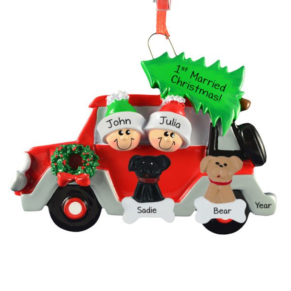 Image of 1st Married Christmas Car Couple With 2 DOGS Christmas Ornament