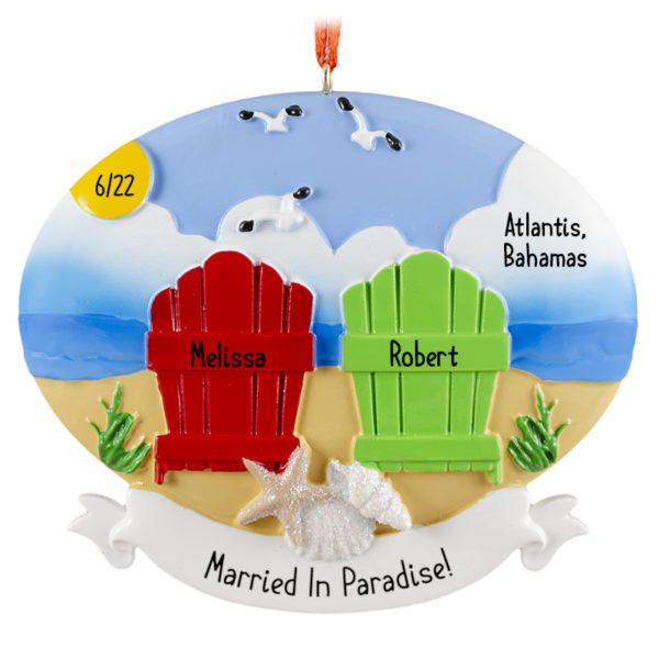 Personalized Destination Beach Wedding Chairs In Sand Ornament