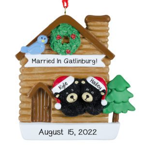 Personalized Black Bear Couple In Cabin Destination Wedding Ornament