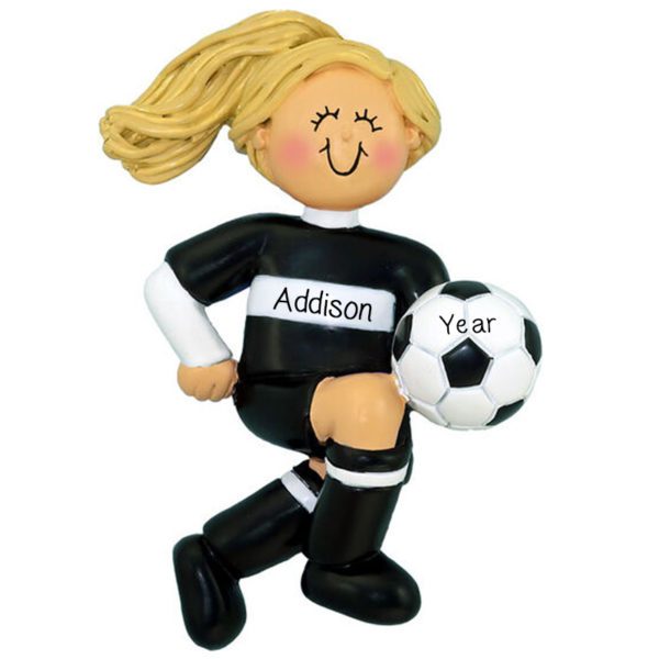 Personalized GIRL Kicking Soccer Ball Ornament BLACK Uniform BLONDE