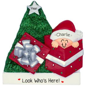 Personalized Baby In Red Giftbox Glittered Tree Ornament