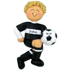 Personalized BOY Kicking Soccer Ball Ornament BLACK Uniform BLONDE
