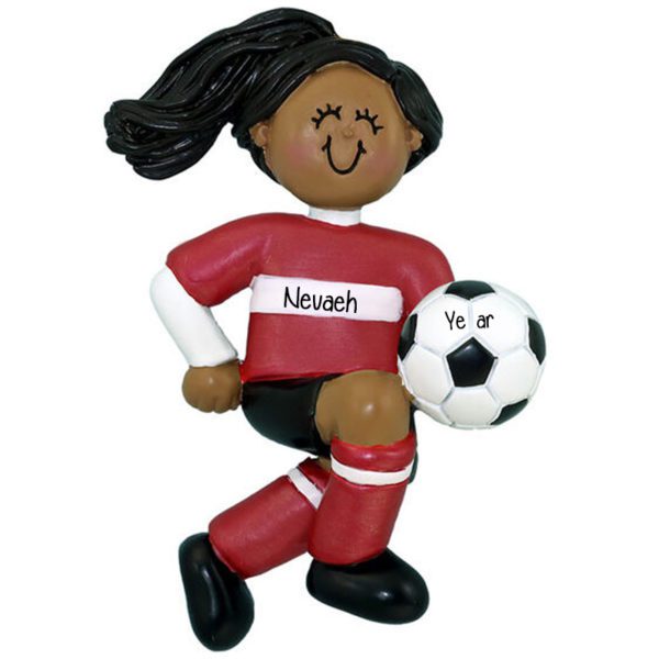 Personalized GIRL Kicking Soccer Ball Ornament RED Uniform African American