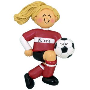 Personalized GIRL Kicking Soccer Ball Ornament RED Uniform BLONDE