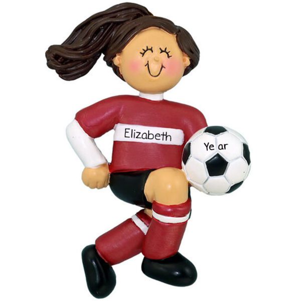 Personalized GIRL Kicking Soccer Ball Ornament RED Uniform BRUNETTE