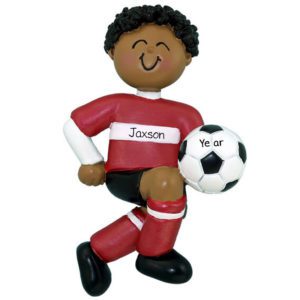 Personalized BOY Kicking Soccer Ball Ornament RED Uniform African American