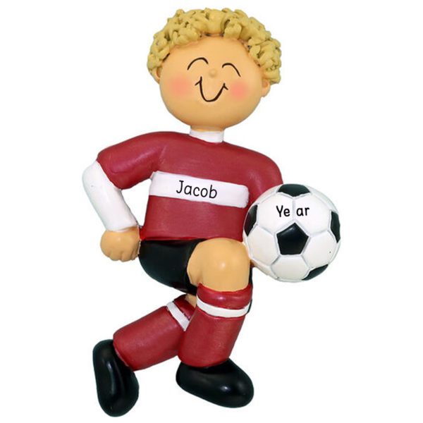 Personalized BOY Kicking Soccer Ball Ornament RED Uniform BLONDE
