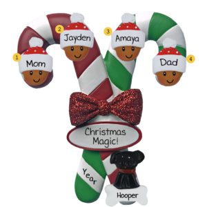 Personalized African American Family Of 4 With Pet Candy Cane Ornament
