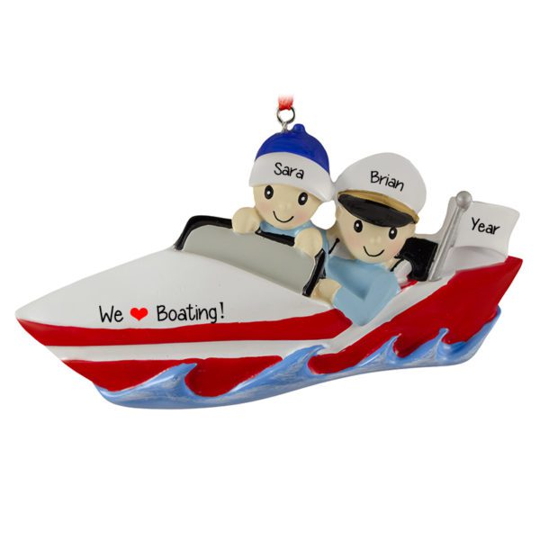 Personalized We Love Boating Couple On Speedboat Ornament