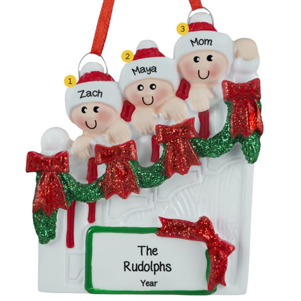 Personalized Single Mom And 2 Kids on Christmasy Steps Ornament