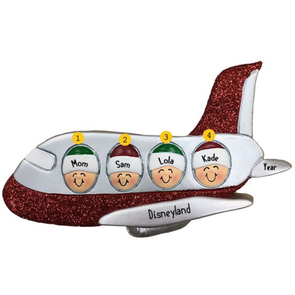 Personalized Single Parent And 3 Kids Traveling On Airplane Ornament