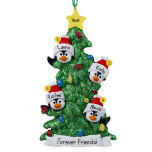 Image of Personalized 4 Best Friends Penguins Glittered Tree Ornament