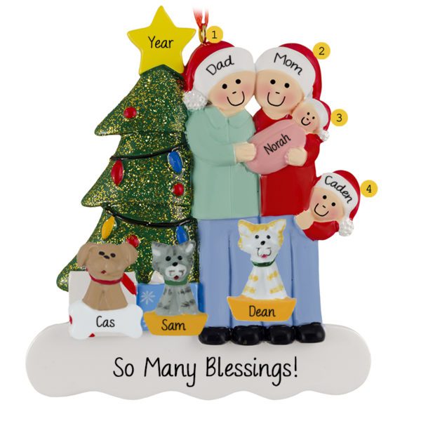 Image of Family Of 4 With Baby GIRL And 3 Pets Glittered Tree Ornament
