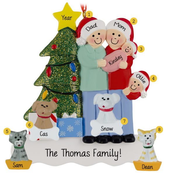 Family Of 4 With Baby GIRL And 4 Pets Glittered Tree Ornament