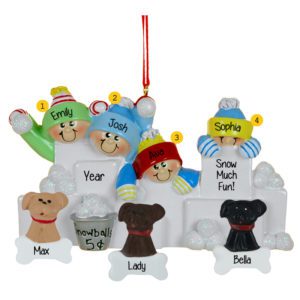 Personalized Family Of 4 With 3 Pets Throwing Snowballs Glittered Ornament