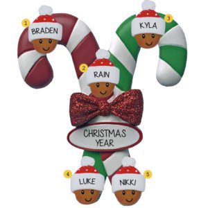 Personalized African American Family Of 5 Candy Cane Ornament