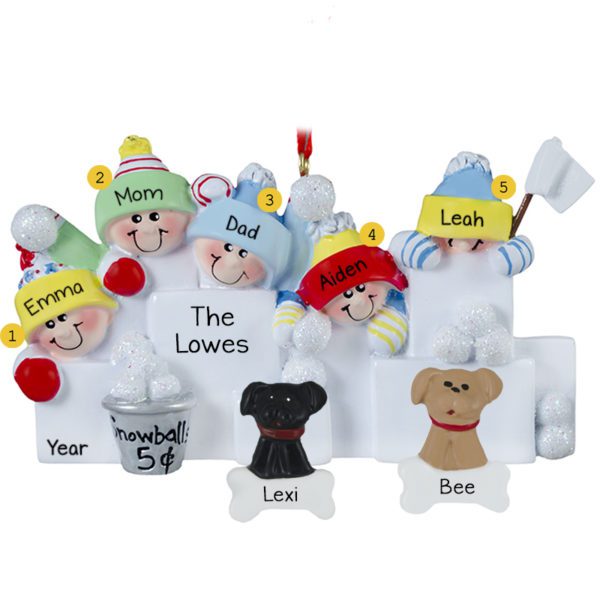 Personalized Family Of 5 With 2 Pets Throwing Snowballs Ornament