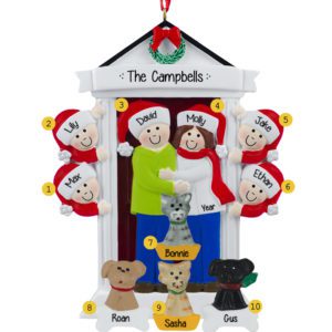 Image of Personalized Festive Door Family Of 6 And 4 Pets Ornament BRUNETTE