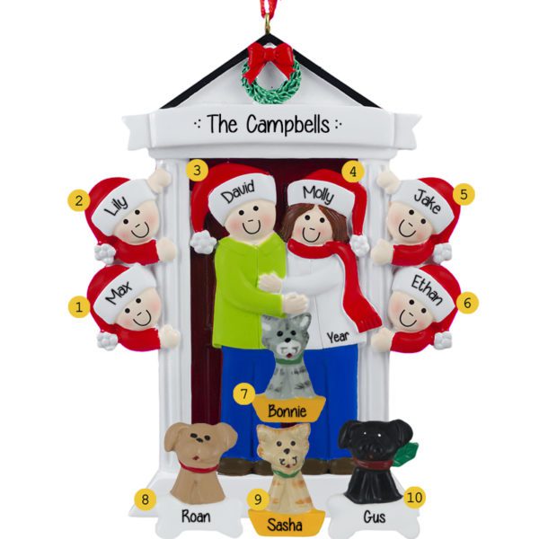 Personalized Festive Door Family Of 6 And 4 Pets Ornament BRUNETTE
