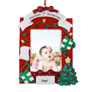 Baby Girl's Christmas RED Photo Frame Glittered Bow Easel Back Ornament