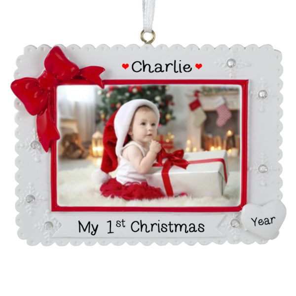 Personalized Baby Girl's 1st Christmas WHITE Scalloped Photo Frame Ornament