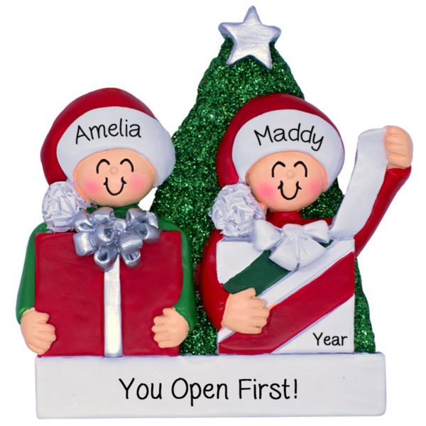 Personalized Two Siblings Opening Presents Glittered Tree Ornament