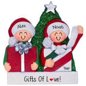 Personalized LGBTQ Couple Opening Presents Glittered Tree Ornament