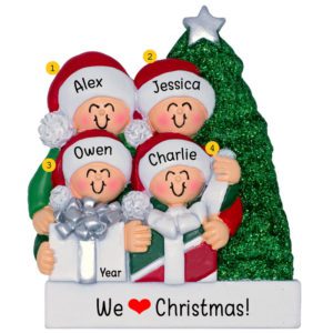 Personalized Family Of 4 Opening Presents Glittered Tree Ornament