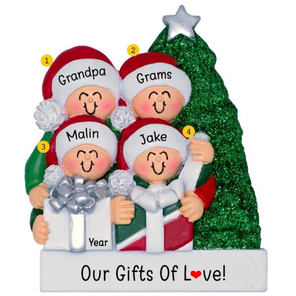 Image of Personalized Grandparents And 2 Grandkids Opening Presents Glittered Tree Ornament