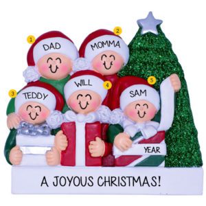 Personalized Family Of 5 Opening Presents Glittered Tree Ornament