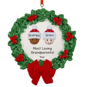 Personalized Interracial Grandparents Couple Glittered Wreath Ornament
