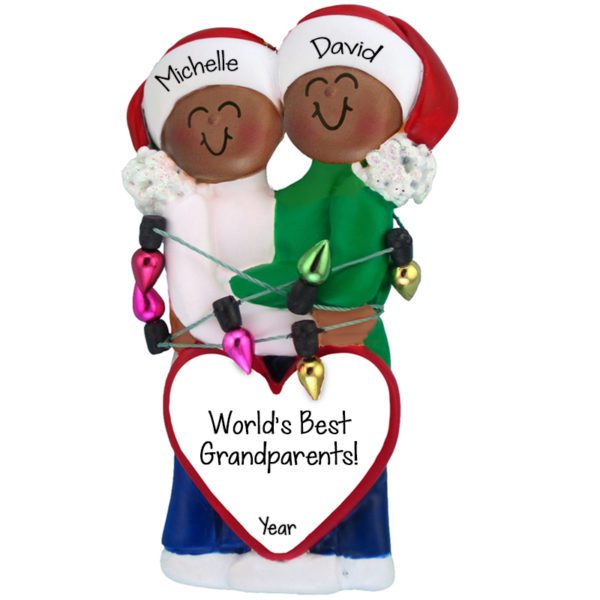 Personalized African American Grandparents Couple Wrapped In Lights Ornament