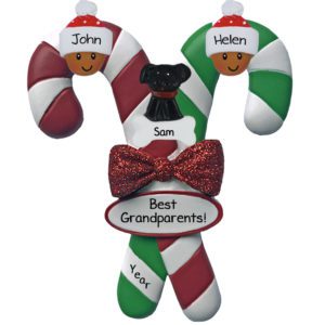 Image of Personalized African American Grandparents With Pet Striped Candy Cane Ornament