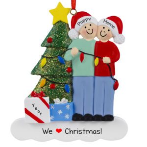 Grandparents With Hats Decorating Tree Glittered Personalized Ornament