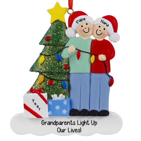 Personalized Grandparents Wearing Santa Hats And Stringing Lights Ornament
