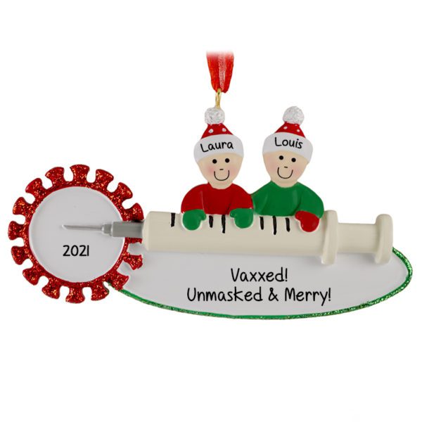 Happily Unmasked And Vaxxed Couple Syringe Glittered Personalized Ornament