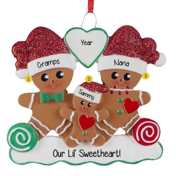Image of Personalized Gingerbread Grandparents And Grandchild Glittered Ornament
