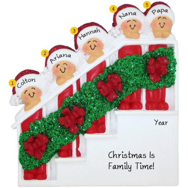 Personalized Grandparents And 3 Grandkids On Christmasy Stairs Ornament