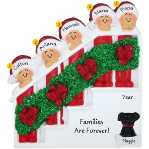 Grandparents And 3 Grandkids With Pet Christmasy Stairs Ornament