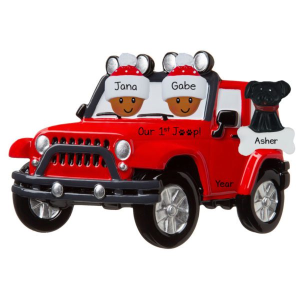 Personalized African American Couple In RED Jeep With Dog Ornament