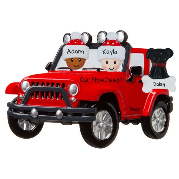 Personalized Interracial Couple In RED Jeep With Dog Ornament