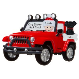 PERSON Driving RED Jeep With Dog Personalized Ornament