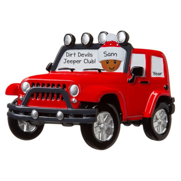 Personalized African American Driving RED Jeep 4X4 Ornament