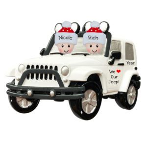Personalized Couple Driving WHITE Jeep 4 X 4 Ornament
