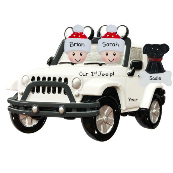 Personalized Couple Driving WHITE Jeep With Dog Ornament