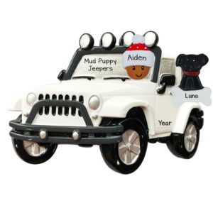 Personalized African American Driving WHITE Jeep 4X4 With Dog Ornament