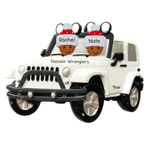 Personalized African American Couple Driving WHITE Jeep 4 X 4 Ornament