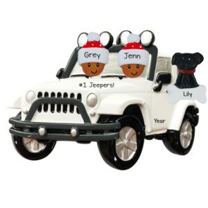 Personalized African American Couple Driving WHITE Jeep With Dog Ornament