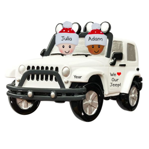 Personalized Interracial Couple Driving WHITE Jeep 4 X 4 Ornament